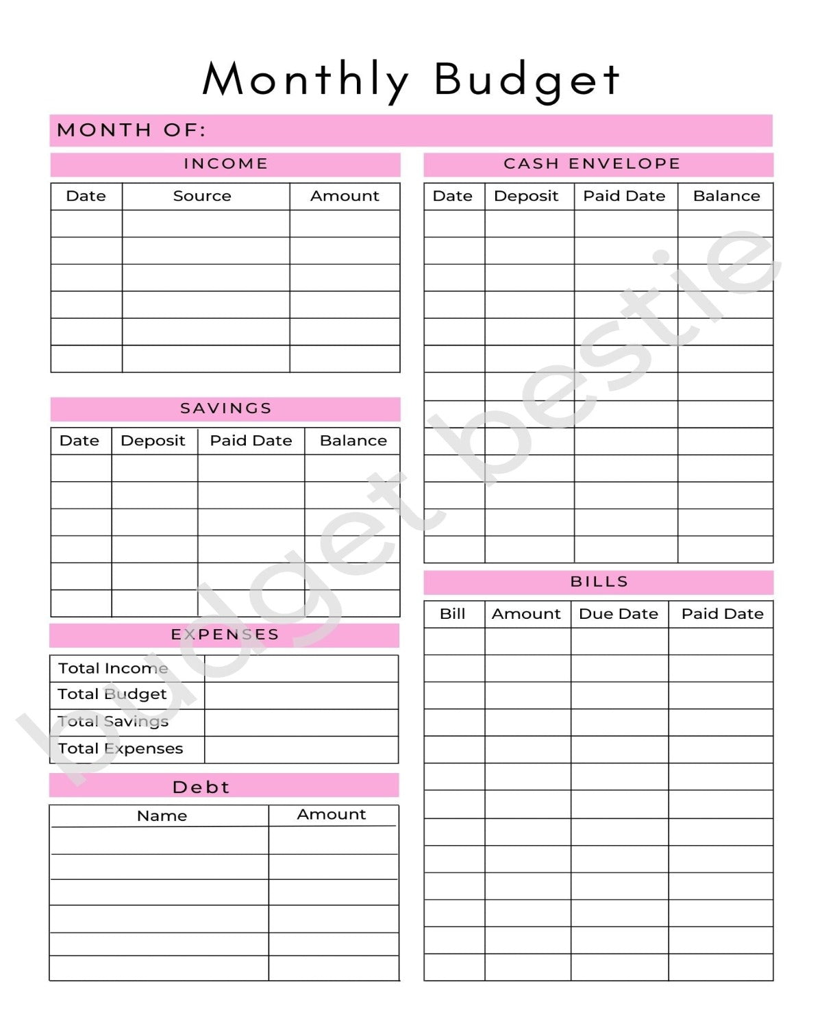 MONTHLY BUDGET SHEET